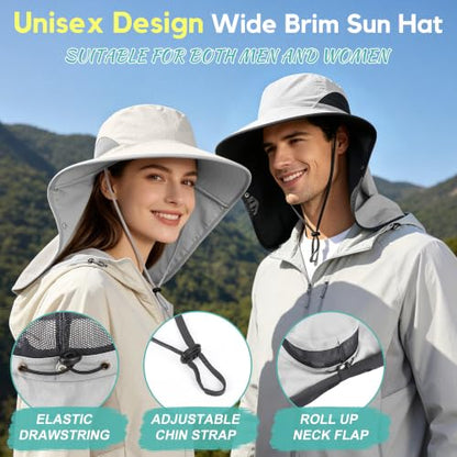 2 Pack Women Men Outdoor Wide Brim Sun Hat with Neck Face Flap,UPF 50+ Protection Fishing Garden Work Hat with Ponytail Hole - color: Light Grey ＆ Beige