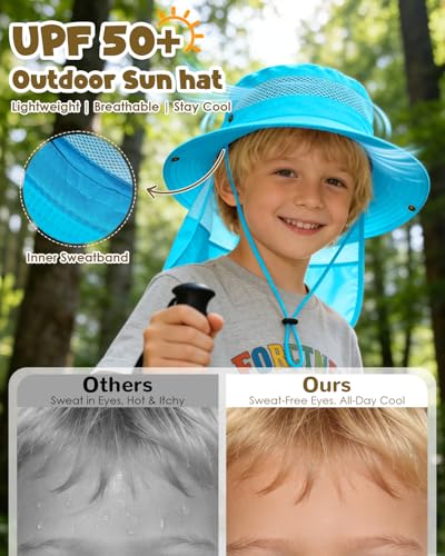 Century Star Kids Sun Hat with Detachable Neck Flap,UPF 50+ Windproof Waterproof Beach Bucket Hat Outdoor Fishing Safari - color: Sky Blue