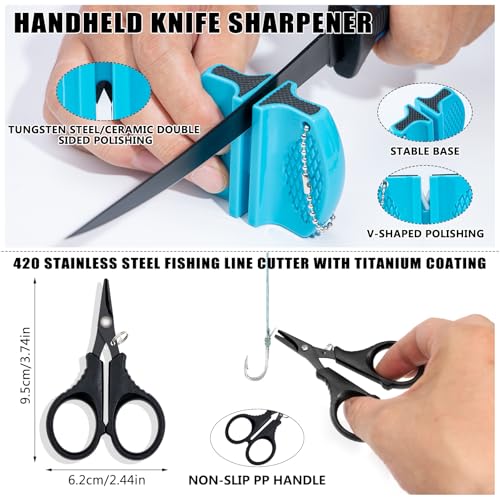 Fishing Tool Kit, 50 Pieces Fishing Gear, Fishing Pliers with Lanyard, Fillet Knife, Fish Lip Gripper, Fly Ice Fishing Hook Extractor, Anti-Cutting Gloves, Fishing Lures Baits Accessories