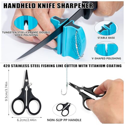 Fishing Tool Kit, 50 Pieces Fishing Gear, Fishing Pliers with Lanyard, Fillet Knife, Fish Lip Gripper, Fly Ice Fishing Hook Extractor, Anti-Cutting Gloves, Fishing Lures Baits Accessories