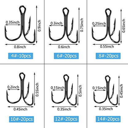 Fishing Treble Hooks Kit High Carbon Steel Treble Fishing Hooks Ring Set Strong Sharp Round Bend for Trout Bass Catfish Lures Baits Freshwater Saltwater
