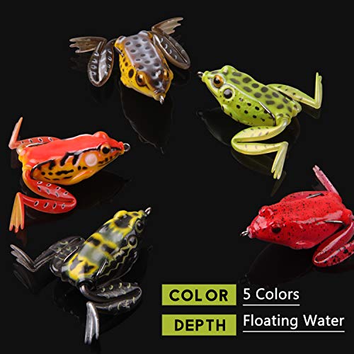 Frog Lures,Soft Freshwater Fishing Lure Kit Hollow Body Frog Lure with Double Sharp Hooks Tackle Box for Bass Pike Snakehead Dogfish 5 Colors