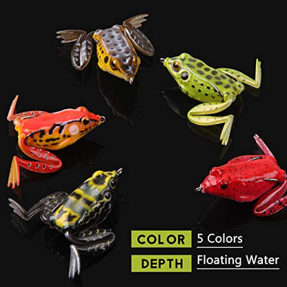 Frog Lures,Soft Freshwater Fishing Lure Kit Hollow Body Frog Lure with Double Sharp Hooks Tackle Box for Bass Pike Snakehead Dogfish 5 Colors