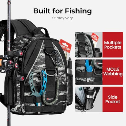 Piscifun Fishing Backpack with Rod Holder, Lightweight Sling Bag Storge Gear and Equipment - color: Black Camouflage, size: Standard, style: Latch