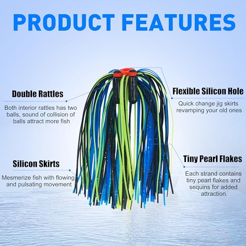Silicone Jig Skirts Bass Fishing Lure Skirts with Tube Rattles 50 Strands Spinnerbait Buzzbaits Skirts Replacement DIY Squid Jig Bass Spinner Bait Fly Tying Material - color: 12pcs