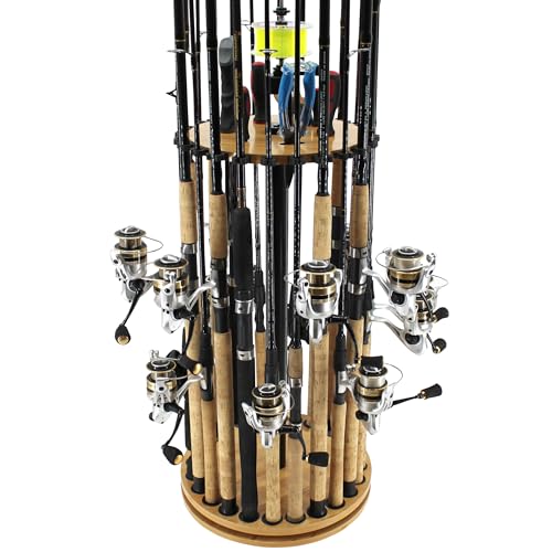 Rush Creek Creations 24-Rod Fishing Rod Holder 360° Rotating Built-in Spooler 14.75"x37.75" Light Wood
