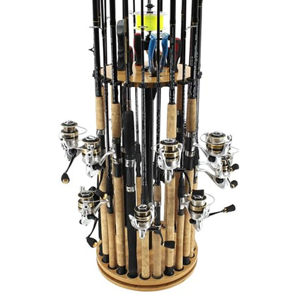 Rush Creek Creations 24-Rod Fishing Rod Holder 360° Rotating Built-in Spooler 14.75"x37.75" Light Wood