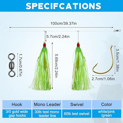 Fishing Teaser Rigs Saltwater, 3/6 Pack Flounder Rigs Hand Tied Sea Bass Hi Lo Rig Fishing Bait Rigs Multicolor Mylar Bucktail Teasers Rig for Flounder Fluke Halibut Sea Bass - size: 6 Packs, style: Mylar Teaser
