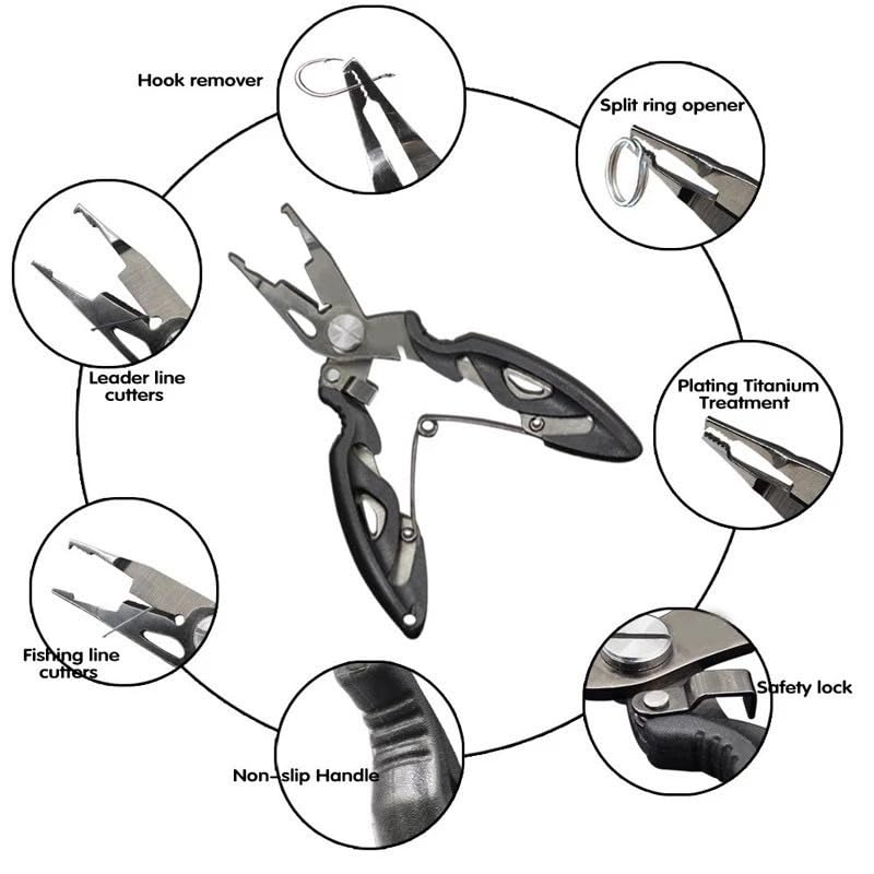 DeepCrush Fishing Pliers, Saltwater, Stainless Steel, Multi-Function, Anti-Corrosion, 4.9-Inch, with Sheath and Lanyard, Fishing Gifts for Men (Black)