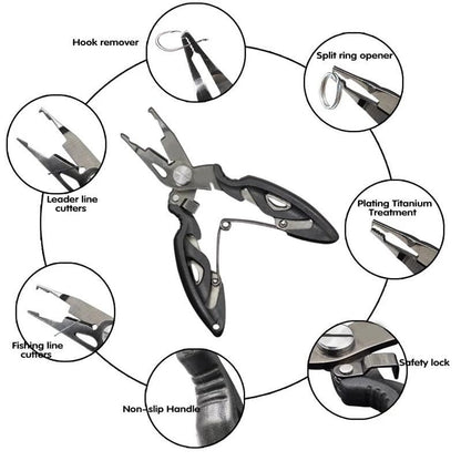 DeepCrush Fishing Pliers, Saltwater, Stainless Steel, Multi-Function, Anti-Corrosion, 4.9-Inch, with Sheath and Lanyard, Fishing Gifts for Men (Black)