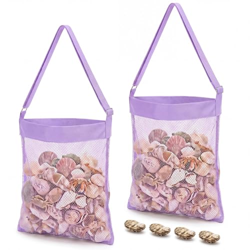 VioraWhite 2 Pcs Extra Large 14 x 16inch Clam Mesh Chum Beach Bags for Seashells Clams Treasures Sand Away Foldable Shell Collection Bags with Adjustable Straps (Purple) - color: Purple