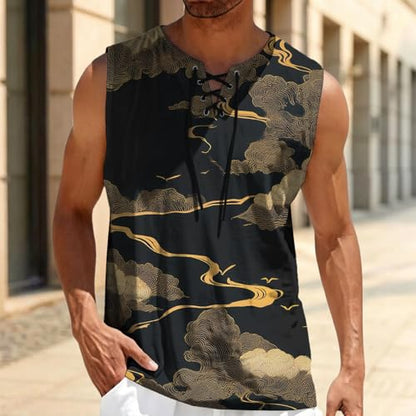 MARSVOVO Mens Print V-Neck Tank Tops Casual Lace-Up Loose Fit Graphic Vest Lightweight Breathable Sleeveless Shirts - color: Pattern Aa, size: 5X-Large