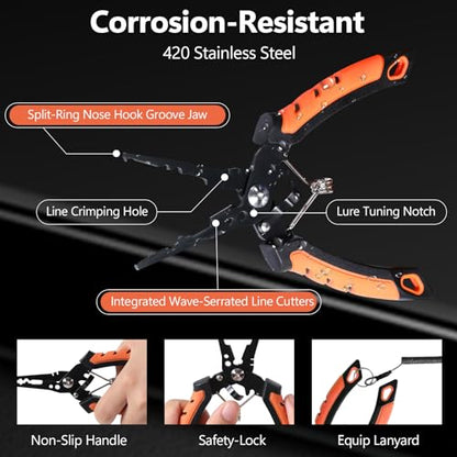 NEW VIEW 9pc & 10pc Professional Fishing Gear Tool Kit - Saltwater & Ice Fishing Tools Set - Corrosion Resistant Fishing Pliers Knife Scissors Gripper Kit with Fishing Gear Carrying Case