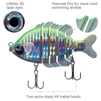 BASSDASH SwimPanfish Multi Jointed Panfish Bluegill Swimbaits Hard Topwater Bass Lures Fishing Lure Crank Saltwater 3.5in/0.85oz - color: Green/Silver