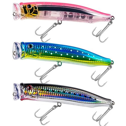 THKFISH Popper Lures Saltwater Tuna Popper Topwater Fishing Lures for Surf Fishing Bass with 3D Eyes for GT Tuna Large Fish 5.9in 1pc/3pcs - color: 3PCS-BLUEGREEN-PIN-BLK