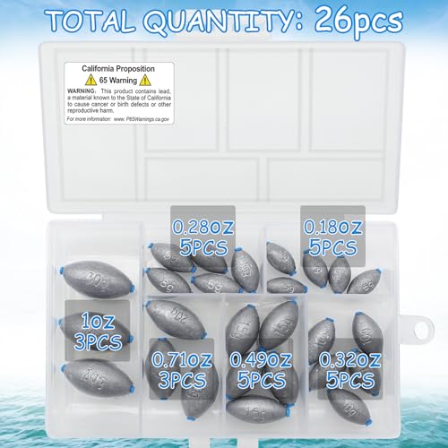 Egg Fishing Sinkers Weights Assortment | 26pcs 5/6 Size Bullet Fishing Weights Lead Oval Shape Bass Casting Worm Bullet Tackle for Saltwater Freshwater Fishing - size: 6 sizes-26pcs