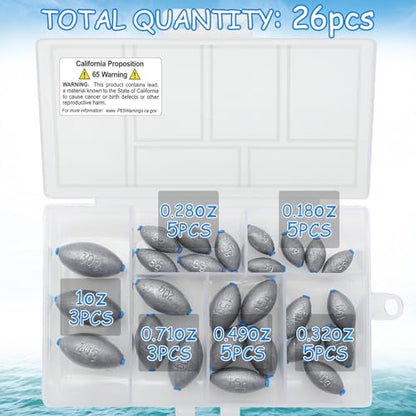 Egg Fishing Sinkers Weights Assortment | 26pcs 5/6 Size Bullet Fishing Weights Lead Oval Shape Bass Casting Worm Bullet Tackle for Saltwater Freshwater Fishing - size: 6 sizes-26pcs