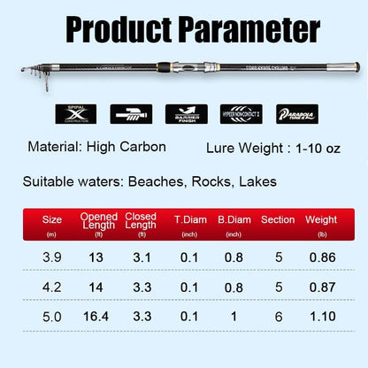 13Ft 14Ft 16.4Ft Telescopic Fishing Rod,1-7Oz,15-40LB Carbon Portable Spinning Fishing Pole, Boat Saltwater and Freshwater Surfcasting Baitcasting Rod, Long Distance Throwing Fishing Rod - size: 13.0 ft