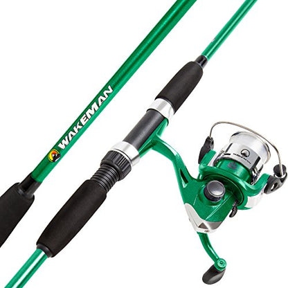 Wakeman Fiberglass Fishing Rod and Reel Combo – 2-Piece 65-Inch Medium Action Spinning Rod Set for Lake Fishing - color: Green Metallic