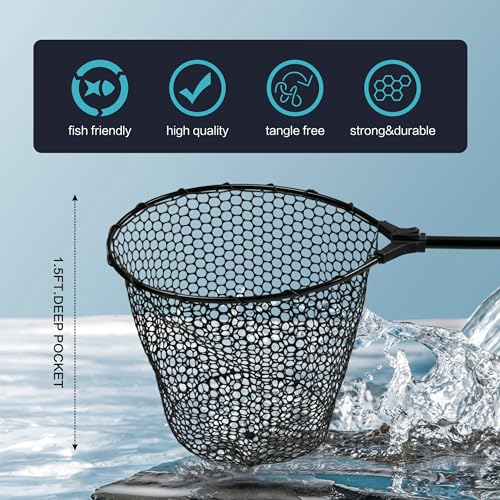 Black Paw Fish Landing Net with Soft Rubber Mesh Bag, Large Fishing Net with Built in Length Scale, Extend to 36-55 Inches