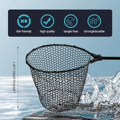 Black Paw Fish Landing Net with Soft Rubber Mesh Bag, Large Fishing Net with Built in Length Scale, Extend to 36-55 Inches