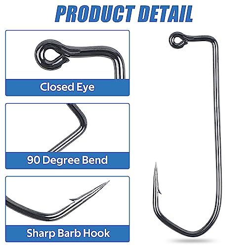 Aberdeen 150pcs 90 Degree Long Shank Forged Duratin Jig Hooks - Round Bend High Carbon Steel Barbarian Saltwater Fishing Kit 1/0-5/0