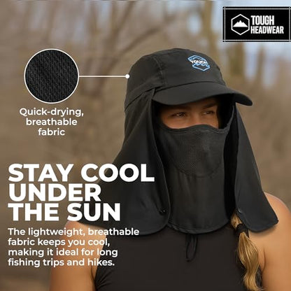 Tough Headwear Fishing Cap w/Face Mask & Neck Flap - Sun Protection Hat with UPF 50 -Landscaping Hats for Women and Men - color: Black