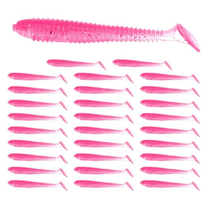 Soft Fishing Lures - Paddle Tail Swim Bait for Bass, Trout in Saltwater & Freshwater - Rigged with Hooks - Durable ABS Plastic - color: Pink, size: 2.56"