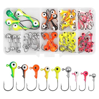 Fishing Jig Head Hooks Kit, Round Ball Crappie Jig Heads Lures Assorted Painted Fishing Lures Jig Heads for Walleye Bass Saltwater Freshwater Fishing 50/69/70pcs - style: 70pcs Kit
