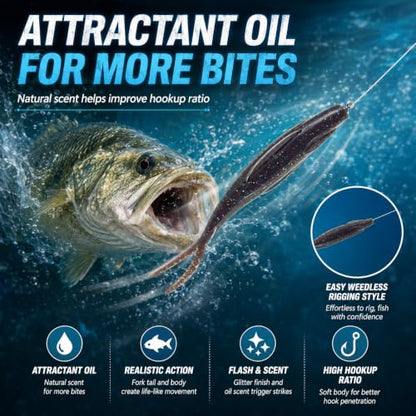 Soft Plastic Jerkbait Fishing Lures, 5 Inch Fluke Style Minnow Swimbaits for Bass, Walleye, Trout & Crappie, Scented Soft Baits for Freshwater & Saltwater, 10 Pack - color: Black Flash