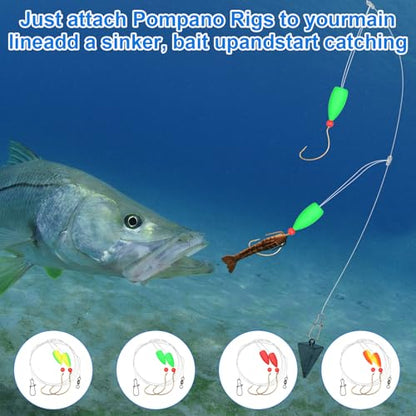 Arrowbash 16 Pcs/ 8 Pcs Pompano Rigs for Surf Fishing Floats Pre-Rigged Saltwater Gear Tackle with 1/0 Circle Hooks for Casting Pier Jetty Fishing
