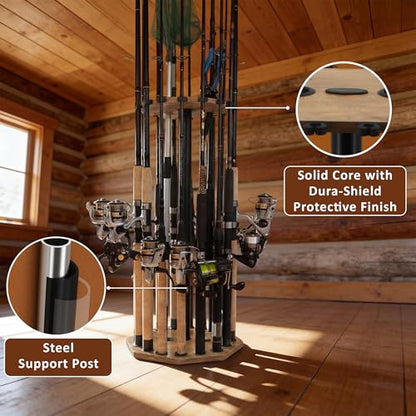 Rush Creek Creations 16-Rod Round Fishing Rod Holder for Garage, 360° Access Fishing Pole Holder for Fishing Rods, Reels, Gear, and Accessories, Securely Holds 16 Rods, Wood Grain - color: Wood Grain