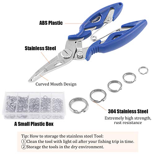 201 Pcs Stainless Steel Fishing Split Rings 5 Sizes Double High Strength Lure Tackle Connector kit with Fishing Pliers Fish Hook Remover Fishing Tackle for Freshwater and Saltwater