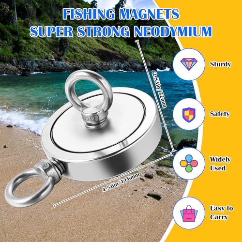 VNDUEEY 2625LBS Magnet Fishing Kit, 4.57" Double Hole Fishing Magnet Kit with Rope, Strong Magnets for Retrieving in River Lake Beach Lawn, Includes 65Ft Rope, Carabiner, Gloves, Grappling Hook, Case - size: 4.57" 2625LBS, style: Double Hole Kit with Case
