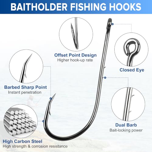Baitholder Fishing Hooks, 50pcs Bait Holder Hooks Offset Long Shank Live Bait Fish Hook with Double Barbs for Bass Trout Crappie Saltwater Freshwater Fishing Size 4-6/0 - size: 50pcs-1/0