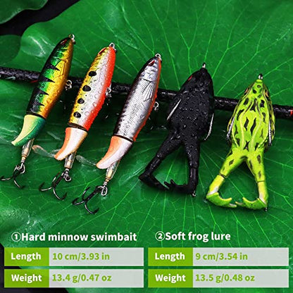Topwater Bass Fishing Lure Kit, Plopping Propeller Tail Bigger Splash Whopping, Soft Plastic Frog Bait 3D Eyes Lifelike Body Pattern, for Bass Snakehead Musky Pike Walleye, 5 pcs… - color: B Group
