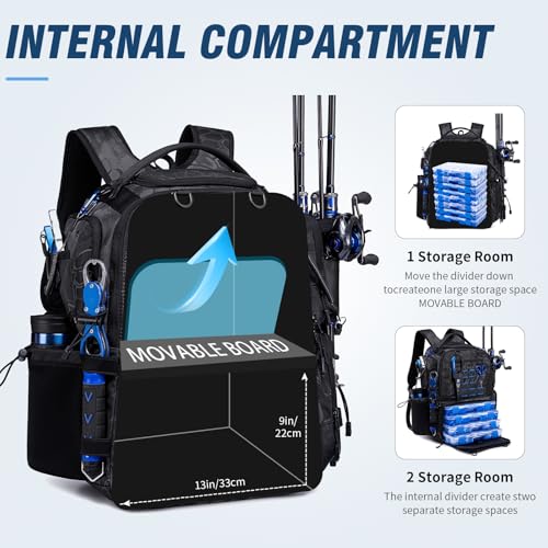 Fishing Tackle Backpack with Tackle Boxes, Two Rod Holders, Bottle Holder, 50L Waterproof Tackle Bag for Fishing Gear, Fish Gifts for Men, Black Camo (4 Tackle Boxes Included - color: Black Camo（4 Tackle Boxes Included）