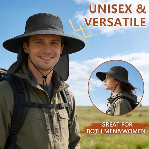 ZOORON Sun Hats for Men Women Fishing Hat with Neck Flap,UPF 50+ Sun Hat Waterproof Wide Brim Bucket Hats for Safari Hiking - color: 1-black(neck Flap)