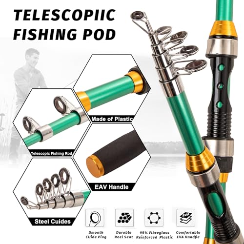 I00000 Fishing Rod and Reel Combos with Fiberglass Telescopic Fishing Pole - Spinning Reel Fishing Carrier Bag, Freshwater and Saltwater Fishing Rod Kit,Travel Fishing Kit for Bass Trout - color: Green
