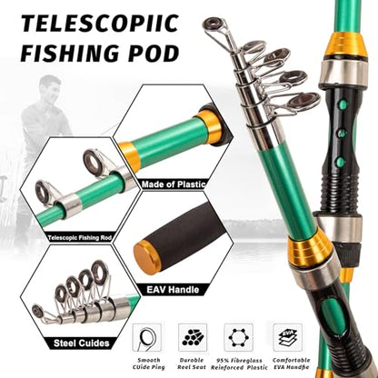 I00000 Fishing Rod and Reel Combos with Fiberglass Telescopic Fishing Pole - Spinning Reel Fishing Carrier Bag, Freshwater and Saltwater Fishing Rod Kit,Travel Fishing Kit for Bass Trout - color: Green