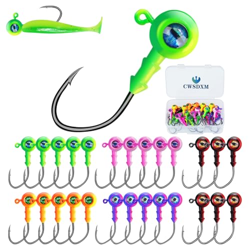 Round Jigs Heads for Fishing, 3D Eyes Ball Head Hooks with Stacked Cone Keeper, 1/8oz 1/5oz 1/4oz 3/8oz Crappie Jig Heads for Bass Fishing Trout Crappie Panfish Walleye - size: 1/4oz(7g)-30PCS