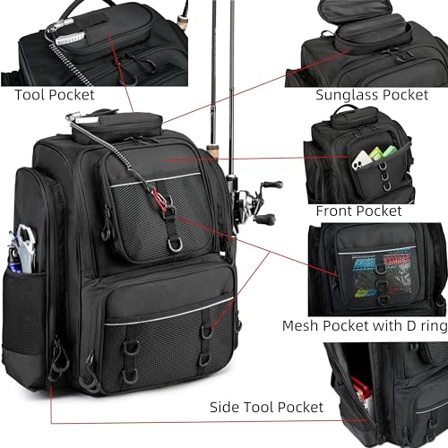 WANOON Fishing Backpack,Tackle Bag,with Tackle Boxes. Large Fishing Bag, Strong Materials - color: Black, size: 42L-With Tackle Boxes