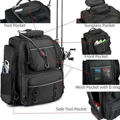 WANOON Fishing Backpack,Tackle Bag,with Tackle Boxes. Large Fishing Bag, Strong Materials - color: Black, size: 42L-With Tackle Boxes