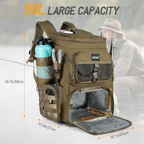 Goture Fishing Backpack, 900D Water-Resistant Tackle Bag with Rod Holders, Insulated Cooler Compartment, 55L Large Capacity Fishing Gear Storage for Saltwater&Freshwater Camping Hiking,Gifts for Men - color: A2:khaki(without Tackle Boxes)