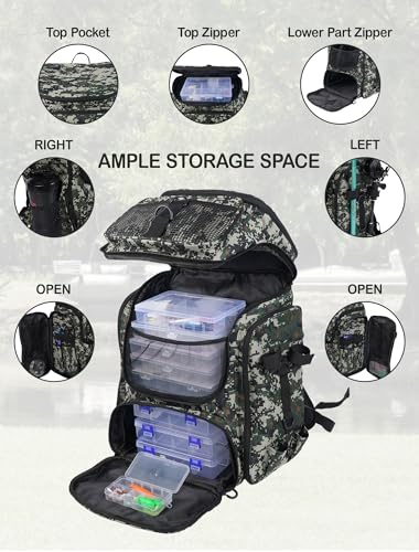 Handor Fishing Tackle Backpack, 50L Capacity, Waterproof Fishing Gear Bag (camouflage green) - color: Camouflage Green
