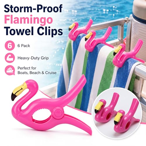 Hushee 6 Pack Marine Boat Rail Towel Clips Flamingo Shaped Storm Proof Large Clips Pontoon Boat Towel Organizer Multi Purpose Outdoor Laundry for Beach Pontoon Fishing Cruise Travel