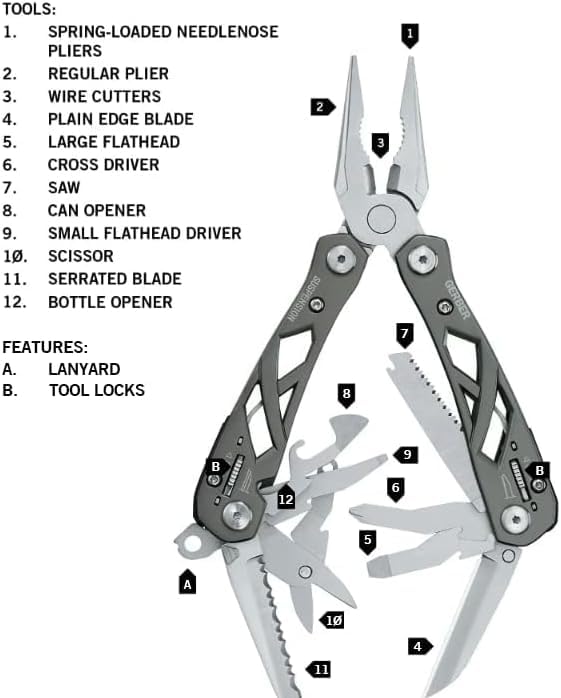 Gerber Gear Suspension 12-in-1 EDC Multi-Plier Multitool with Pocket Knife, Needle Nose Pliers, Wire Cutters and More, Gifts for Men, Camping and Survival, Grey - color: Grey