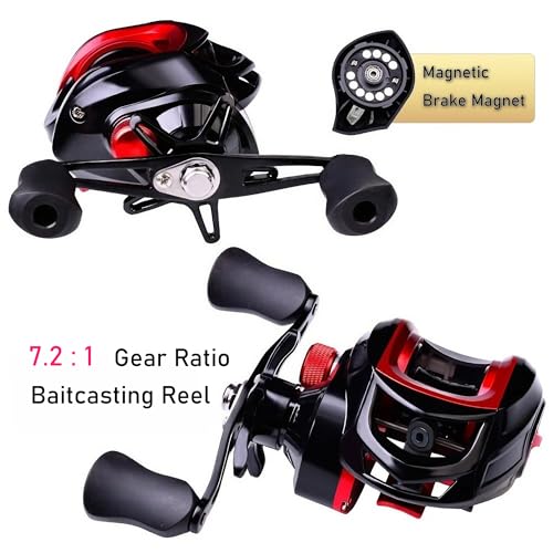 Metal + Nylon Baitcasting Reel - 7.2:1 High-Speed, Metal Spool, Dual Magnetic Brake, 8kg Drag, Long-Casting Anti-Backlash Lure Reel for Bass & Multi-Species Fishing - color: Red