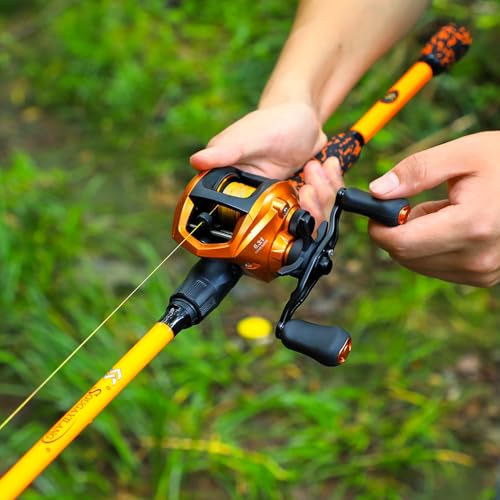Sougayilang Baitcaster Combo – IM7 Graphite M/MH 2-Piece Travel Rod, 6.3:1 High-Speed Reel,18LB Drag for Bass, Catfish, Trout, Panfish - size: Orange-Left handle-7'00''-Medium Heavy