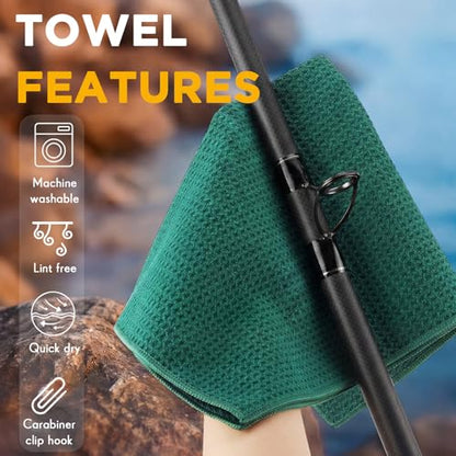 Breling 12 Pack Fishing Towels with Clip, 16'' x 16'' Microfiber Waffle Weave Fish Bait Towel Quick Dry Absorbent Rag for Cleaning Boat Kayak Accessory Camping Hiking (Black Grey Green) - color: Black Grey Green